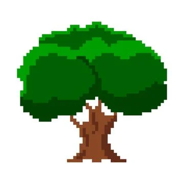 Pixelated big old tree. Ancient oak tree with green foliage and brown trunk. Stock Illustration