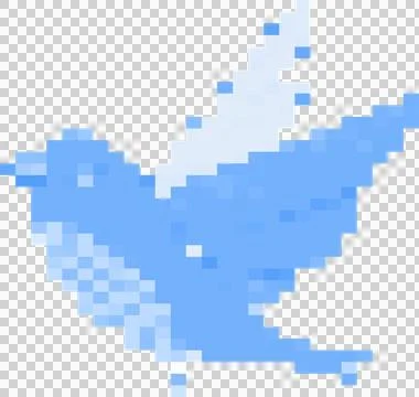 Pixelated bird is flying in flat style, featuring blocky blue pixels on Stock Illustration