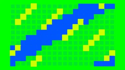 Pixelated blue and yellow geometric patterns on a vibrant lime green grid Stock Footage 340904715