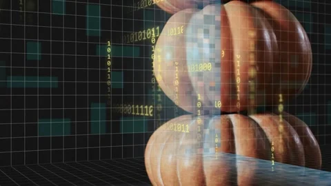 Pixelated blue panel rising, binary streams drifting toward stacked pumpkins, Stock Footage 333351649