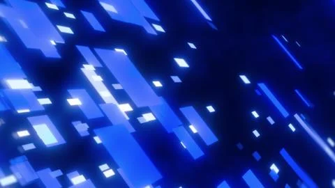 Pixelated blue rectangles float across a dark background Stock Illustration