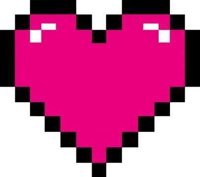 Pixelated bright pink heart shape is centered on a white background with a re Stock Illustration