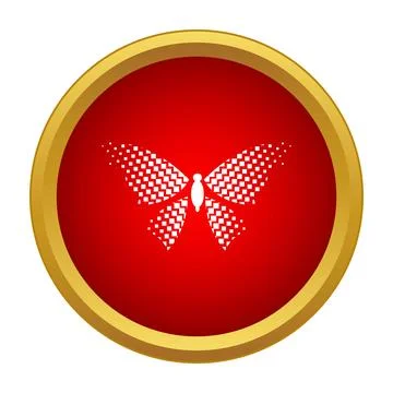 Pixelated butterfly icon in red circle with gold border Stock Illustration