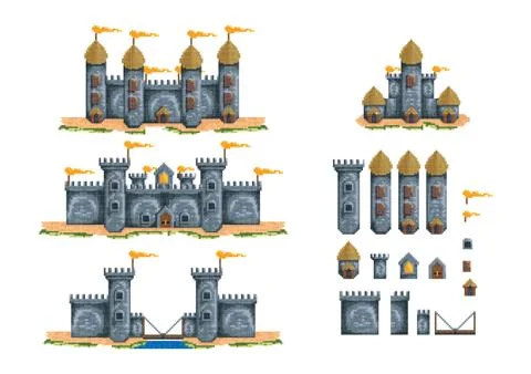 Pixelated castle structures set Ilustración de archivo