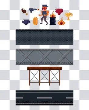 Pixelated character and elements Stock Illustration