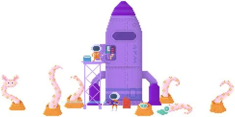 Pixelated character repairs rocket to fly away. Alien with blaster shoots 스톡 일러스트