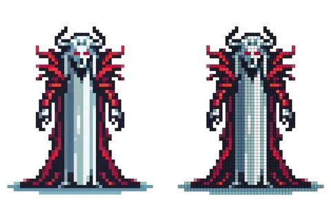 A pixelated character with a skull-like face and red eyes stands confidentl.. Stock Illustration