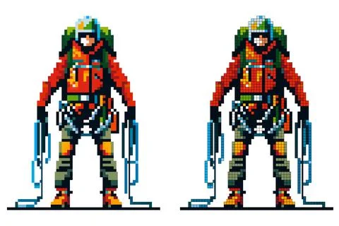 A pixelated character stands ready for an alpine expedition, featuring brig.. Stock Illustration