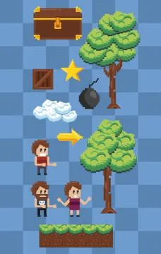 Pixelated characters and elements Stock Illustration