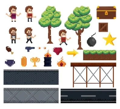Pixelated characters and elements for videogames Stock Illustration