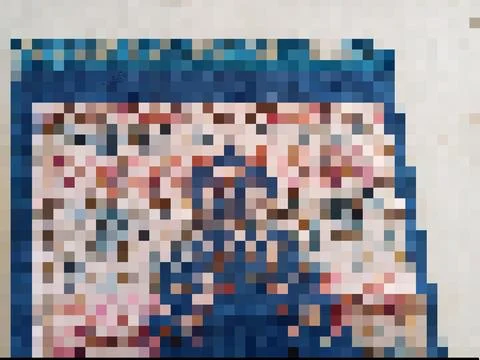 Pixelated Close-up of a Colorful Textile Pattern with Blue Border Stock Illustration