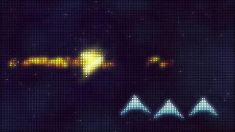 Pixelated computer game shooting exploding spaceships. 3d animation Stock Footage 306693667