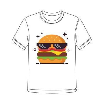 Pixelated cool burger graphic printed on white t shirt with sunglasses, fas.. Stock Illustration