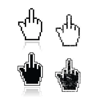 Pixelated cursor hand with middle finger up icons set Stock Illustration