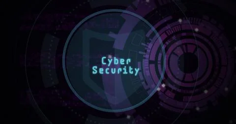 Pixelated Cyber Security within glowing cyan circular frame pulsing in digital Illustrazione stock