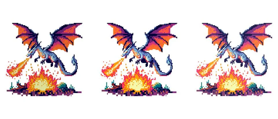 A pixelated dragon breathing fire, with a blue body and wings, destroyed th.. Stock Illustration