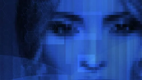 Pixelated face recognition data with digital processing for AI identity Stock Footage 315754094