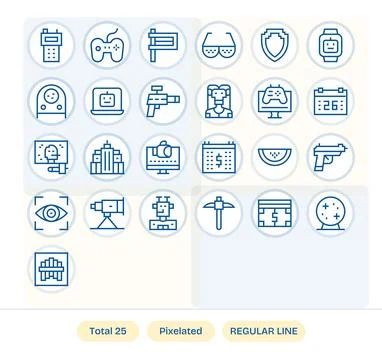 Pixelated featuring 25 High Resolution Vector Icons in Regular Line Design Stock Illustration