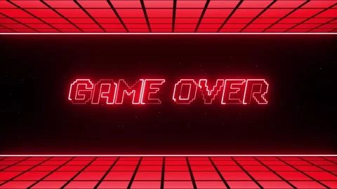 Pixelated game over with retro neon red glow on futuristic grid background Stock Footage 345260155