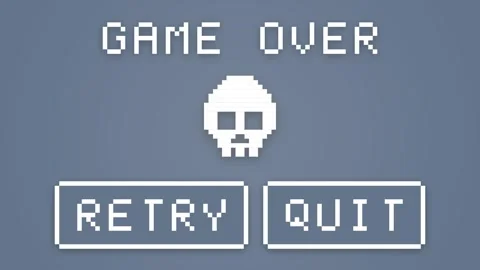 Pixelated Game Over Screen with Skull Icon and Retry Quit Options. Stock Footage 336620325