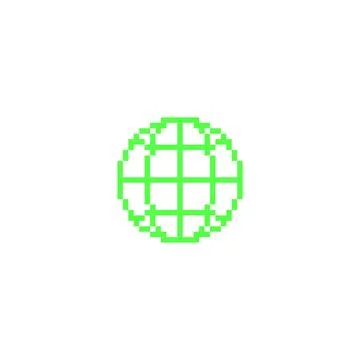 Pixelated globe wireframe, bright green, 8-bit style. Stock Illustration