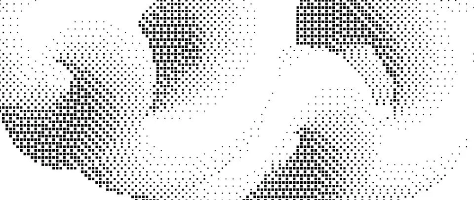 Pixelated gradient curved shape. Dotted dither squiggle texture background Stock Illustration