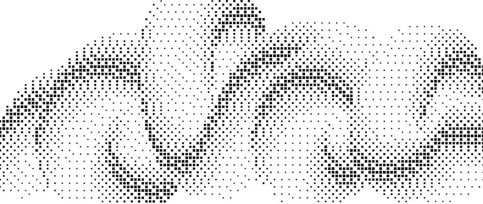 Pixelated gradient squiggle shape. Black dither wave texture background. Dotted Stock Illustration
