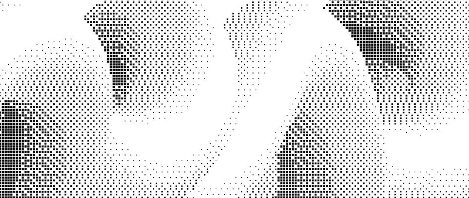 Pixelated gradient undulate shape. Black dither texture background. Dotted fluid Stock Illustration