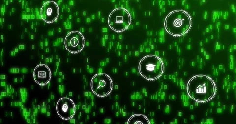 Pixelated green code rising upward starting tech icons pulsing, drifting down, Stock Footage 317352118