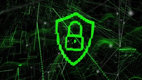 Pixelated green shield floating, starting wireframe, forming lock and locking, Stock Footage 330032804