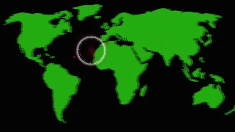 Pixelated Green World Map with Digital Compass Overlay in Middle East globa.. Stock Footage 331880355