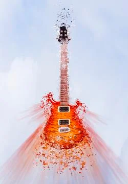 Pixelated guitar floating in sky Foto stock