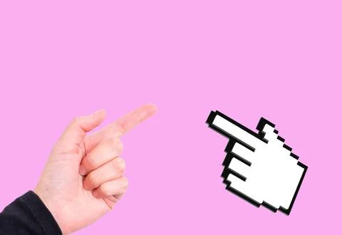 Pixelated Hand Cursor and Human Hand on Pink Stock Photos