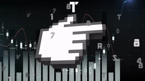 Pixelated hand cursor animation over financial chart with fluctuating data Stock Footage 305621917