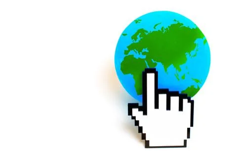 Pixelated Hand Cursor Clicks on a Globe 스톡 사진