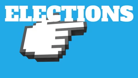 Pixelated hand cursor pointing towards ELECTIONS text animation on blue Stock Footage 305132482