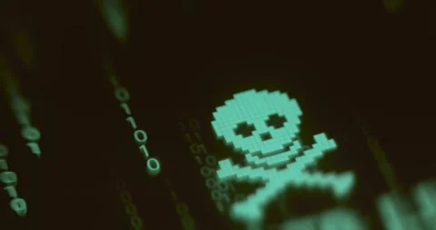 Pixelated head and bones symbol of malware on background of digital rain Stock Footage 323373278
