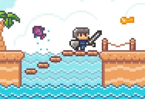 Pixelated her knight, 8bit pixel character, walking to key, overcome obstacles Stock Illustration