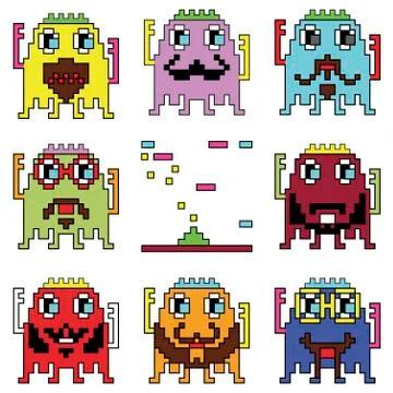Pixelated hipster robot emoticons with simple with shooting spaceship element Stock Illustration