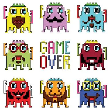 Pixelated hipster robot emoticons with simple WITH GAME OVER SIGN Stock Illustration