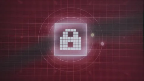 Pixelated icon of a locked padlock on a red grid-like background Stock Footage 335453441
