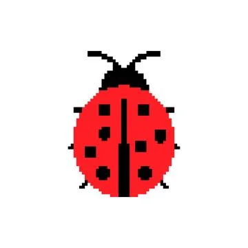 Pixelated ladybug. Simple pixel art red ladybug with black spots and antennae. Illustrazione stock