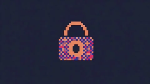 Pixelated lock icon with glowing digital mosaic texture on dark background,.. Stock Footage 342046992