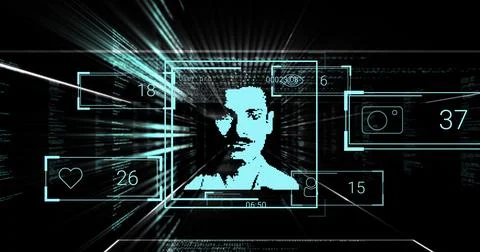 Pixelated male face floating in virtual cyber tunnel, with UI panels showing Stock Illustration