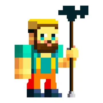 Pixelated man in work uniform and with a staff in his hand. character from 8 bit Stock Illustration