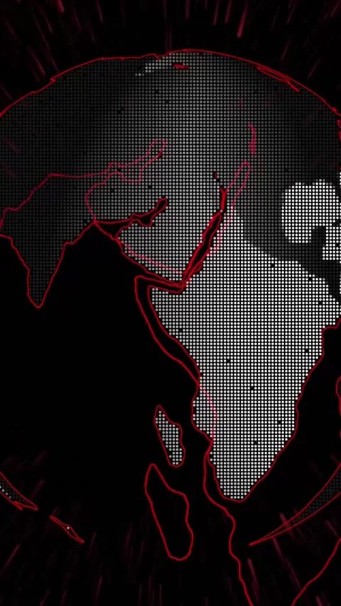 Pixelated map of North America with red outline and glowing red light rays .. Stock Footage 337462934