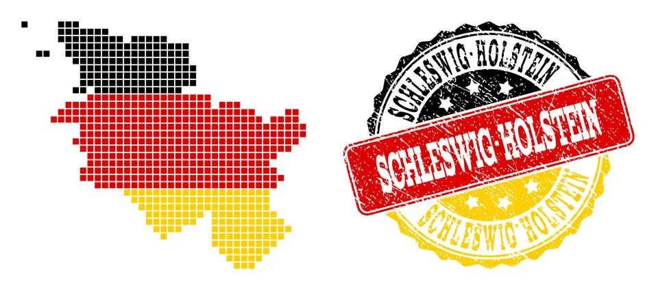 Pixelated Map of Schleswig-Holstein State Colored in German Flag Colors and Stock Illustration