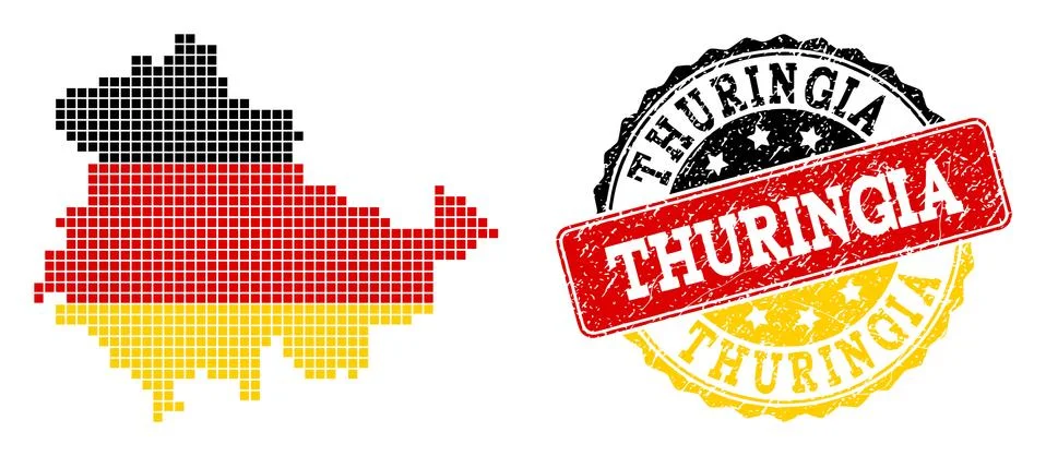 Pixelated Map of Thuringia State Colored in German Flag Colors and Grunge Stamp イラスト素材