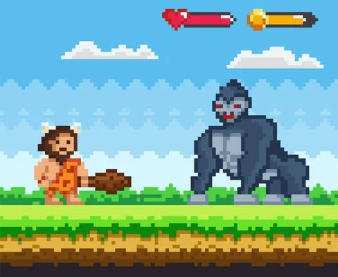 Pixelated natural landscape with warrior primitive man holding club fighting 스톡 일러스트