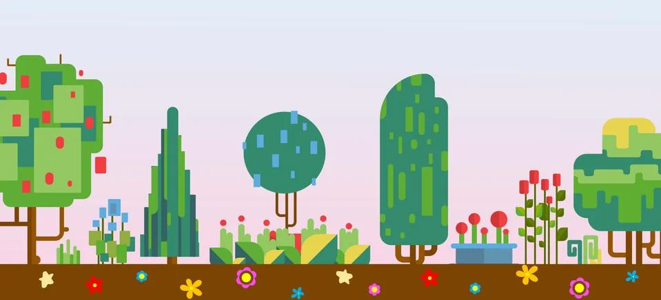 Pixelated nature scenery vector illustration, pixel art game process with nature Stock Illustration